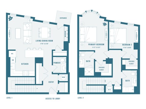 A diagram of a two-level home layout with labeled rooms.